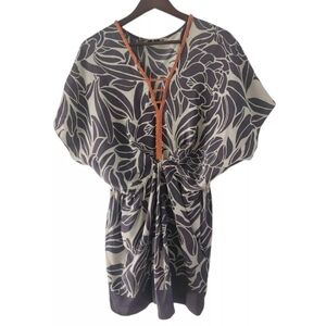 Anthropologie Leifnotes Lamai Dress Orange Beaded Floral Brown Cream Dress 6